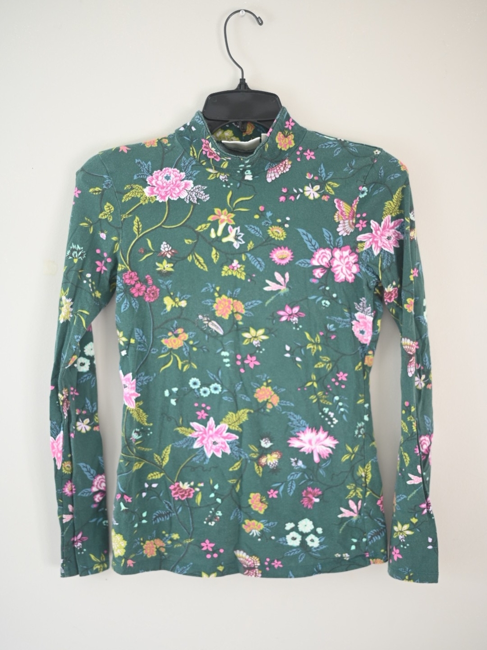 Anthropologie Green Floral Mock Neck Long Sleeve Top